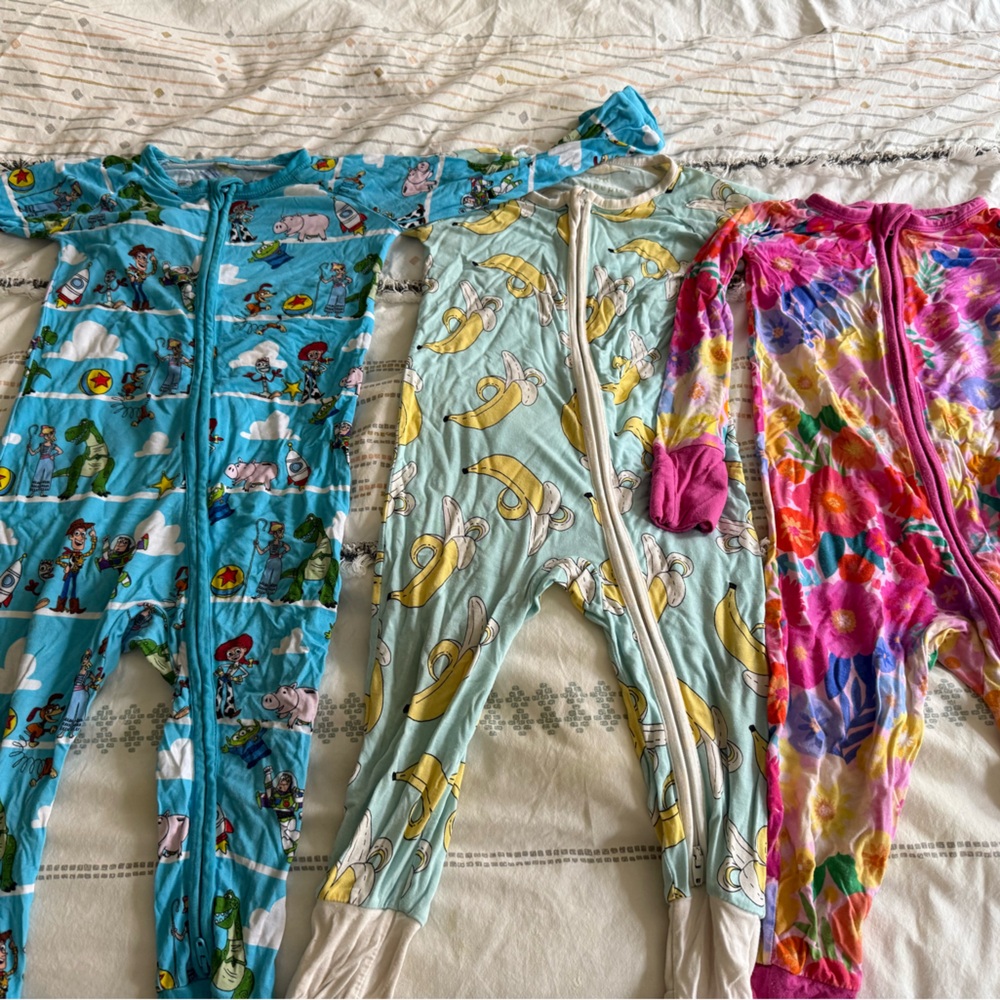 3x Little Sleepies onesie pajamas Disney Blue and Green Cartoon Pajama 6-18M